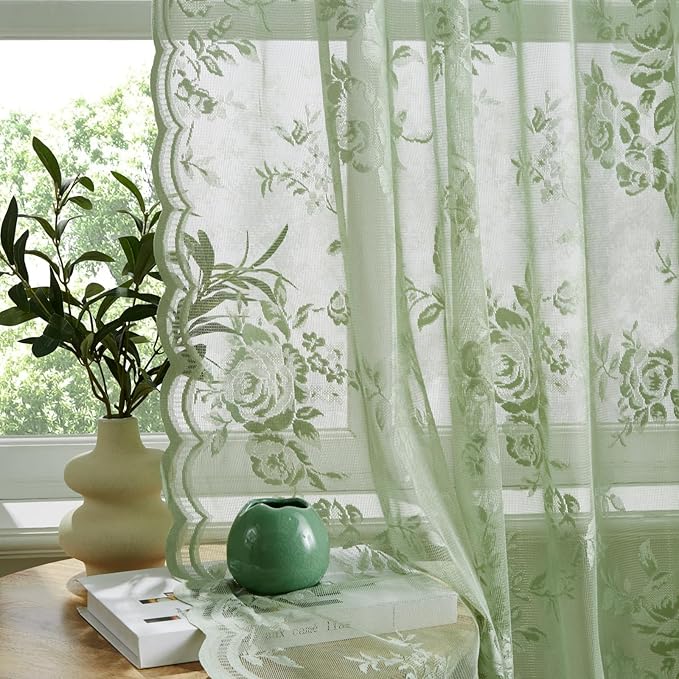 Sage Green Lace Curtains 90 Inches Long Spring Country Floral Sheer Curtains - Image 4