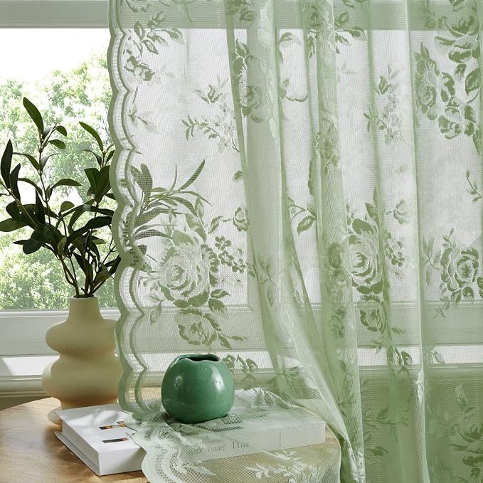 Light Green Lace Curtains 72 Inch Length Country Rustic Floral Sheer Curtains by SEEKRIGHTHomeDecor