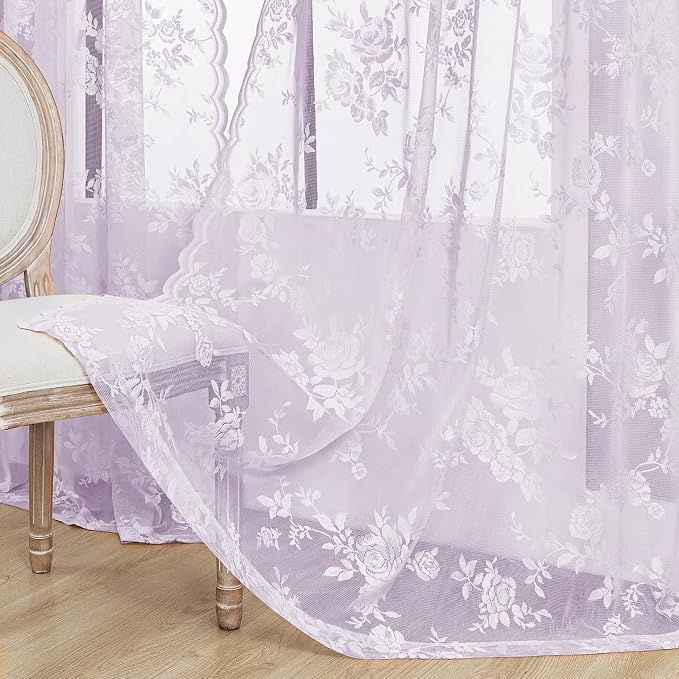 Lilac Purple Lace Curtains 63 Inch Length 2 Panels set Romantic Violet Flower - Image 5