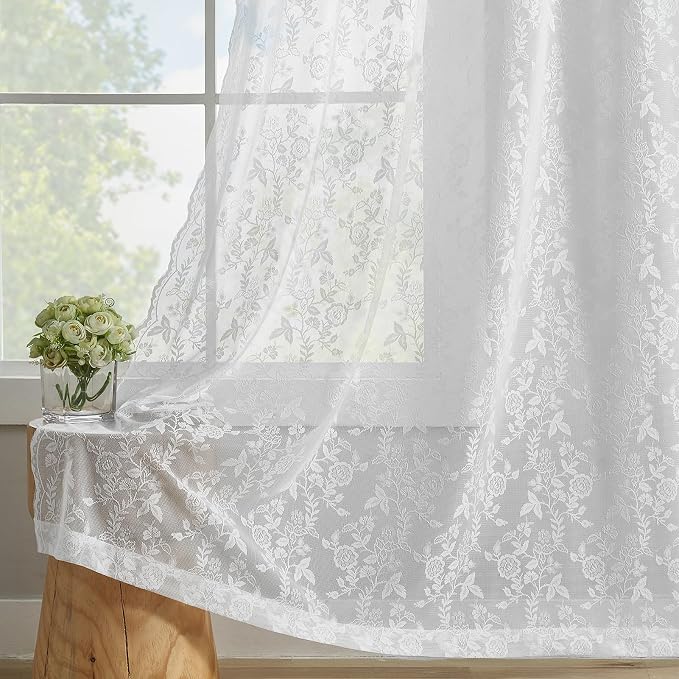 FINECITY White Lace Curtains for Bedroom Rustic Floral W52xL54 Inch 2-Panel | - Image 6