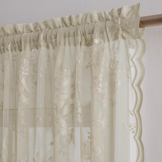 Khaki Lace Curtains 54 Inch Length 2 Panels Set Country Taupe Floral Curtains - Image 4