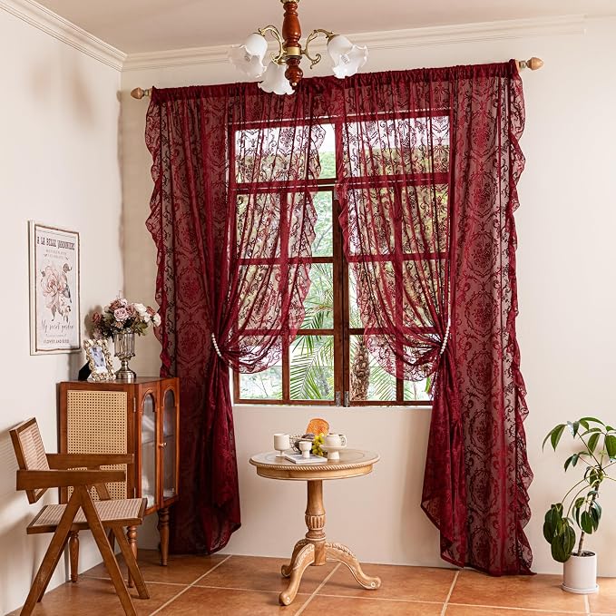 Deeprove Boho Lace Sheer Burgundy Curtains 84 Inches Long - Image 8