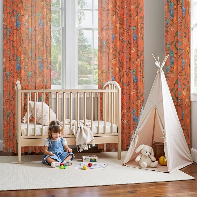 72 Inch Boho Floral Curtains Tropical Bird Print Linen Semi Sheer Window Drapes - Image 8