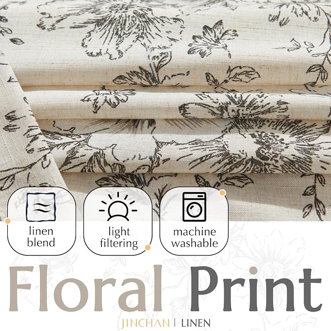 jinchan Black Floral Linen Curtains Lined 84 Inch Vintage Back Tab 2 Panels | - Image 2