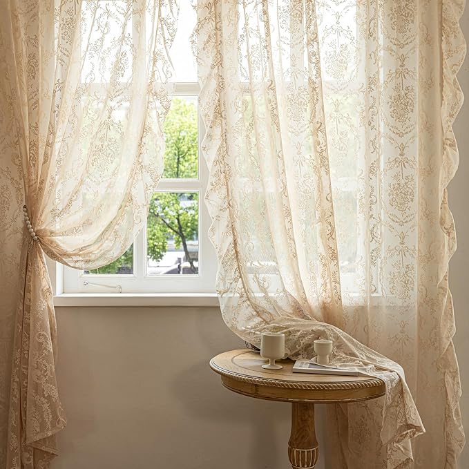 Deeprove Beige Lace Curtains 63 inches Length 2 Panels Set Sheer Boho Florals - Image 7