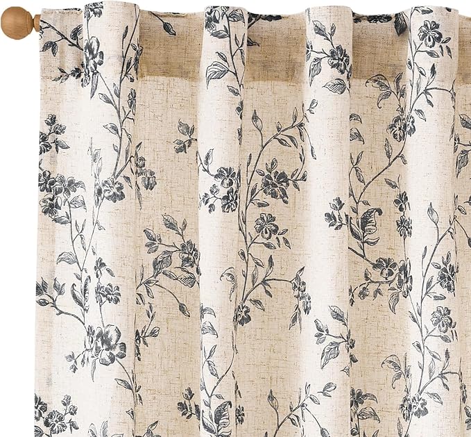 Black Vintage Floral Linen Curtains Farmhouse 38W X 96L 2 Panels | Elisa Series by Lazzzy