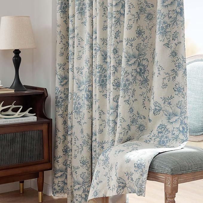 jinchan Blue Floral Linen Blackout Curtains Lined 90 Inch Back Tab 2 Panels | - Image 8