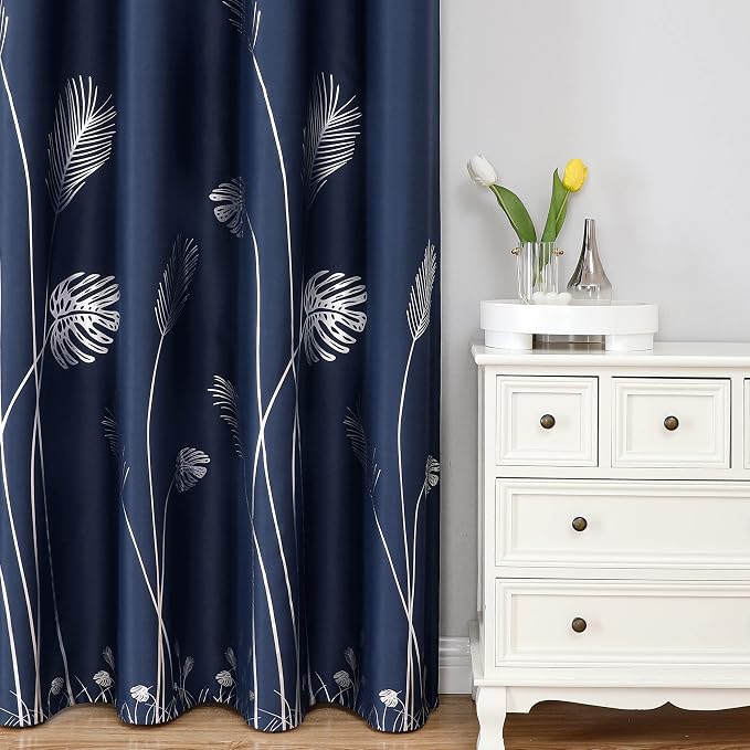 Navy Blue Blackout Curtains for Living Room 84 Inches Long Silver Palm Tree - Image 2