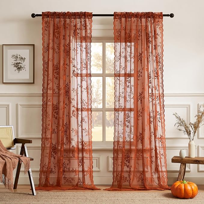 Terracotta Lace Curtains 84 Inches Long Country Rustic Floral Sheer Curtains by SEEKRIGHTHomeDecor