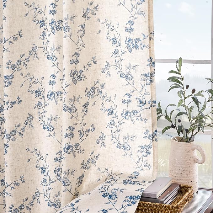 Blue Vintage Floral Linen Curtains Farmhouse 38W X 63L 2 Panels | Elisa Series - Image 8