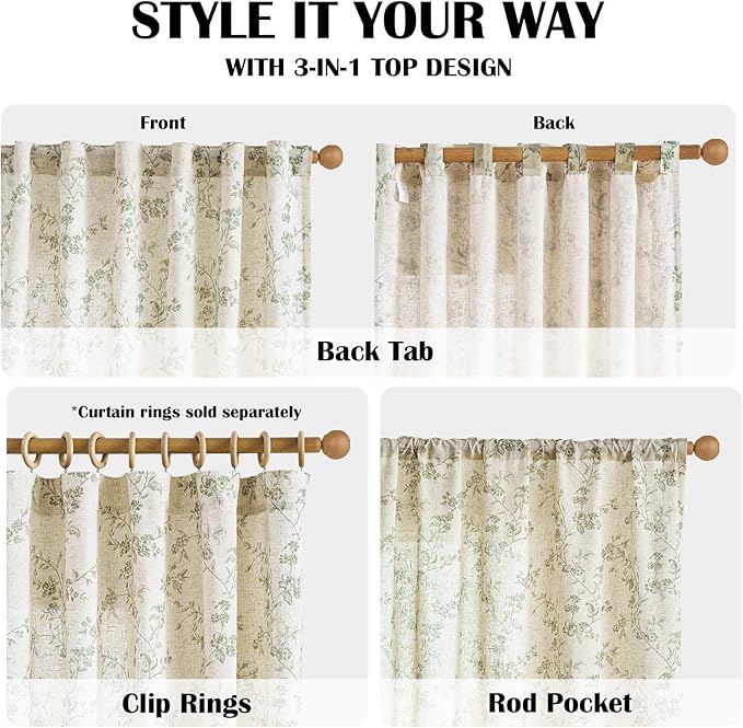 Green Vintage Floral Linen Curtains Farmhouse 38W X 63L 2 Panels | Elisa Series - Image 4