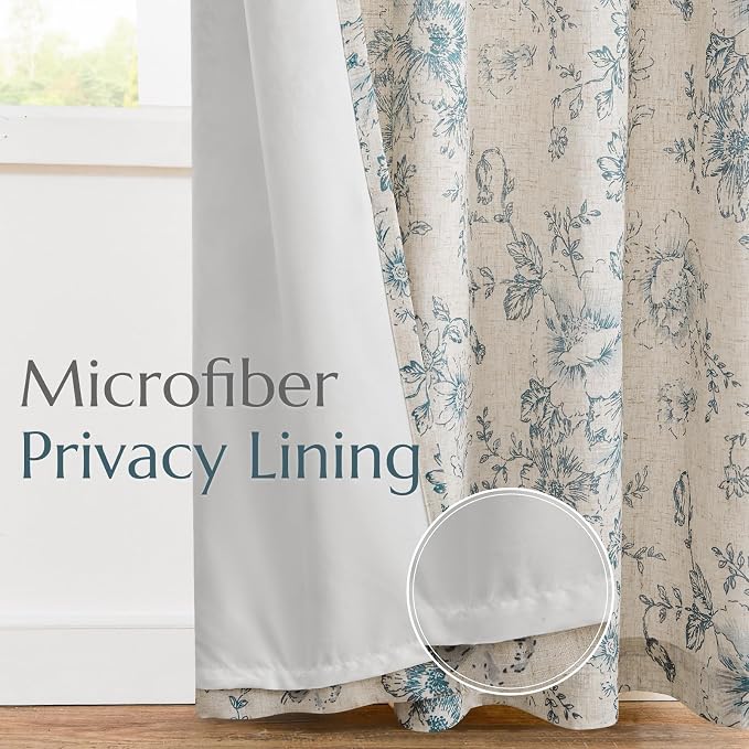 jinchan Blue Floral Linen Curtains Lined 84 Inch Vintage Back Tab 2 Panels | - Image 5