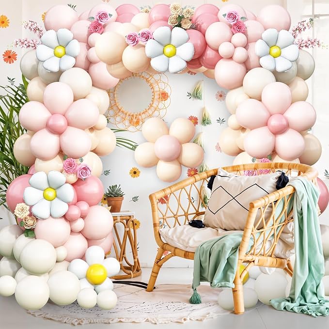 Daisy Balloon Garland Arch Kit, Retro Pink Sand White Hippie Boho Flower - Image 6