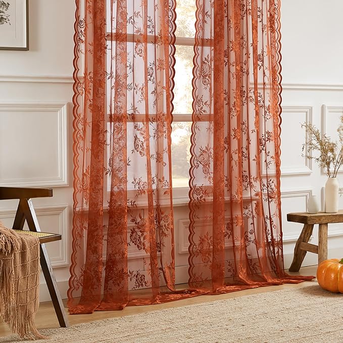 Terracotta Lace Curtains 84 Inches Long Country Rustic Floral Sheer Curtains - Image 2