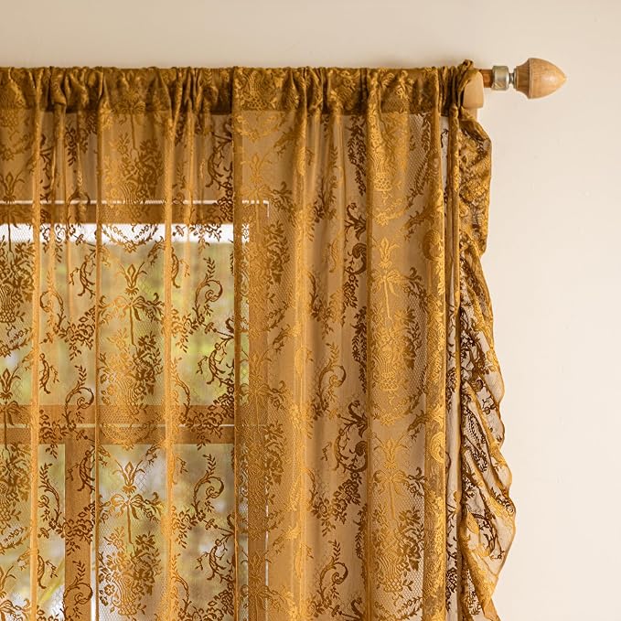 Deeprove Boho Gold Lace Sheer Curtains 84 inches Long 2 Panels Set - Image 4