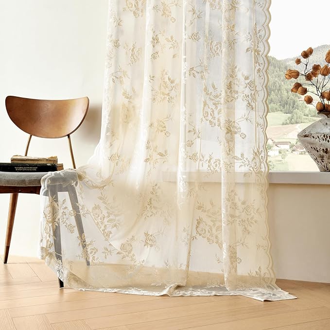 SEEKRIGHT Beige Lace Sheer Curtains 63 Inch Length Country Floral Curtains - Image 6