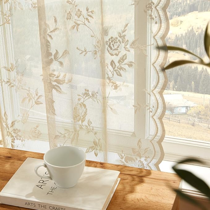 SEEKRIGHT Beige Lace Sheer Curtains 63 Inch Length Country Floral Curtains - Image 5