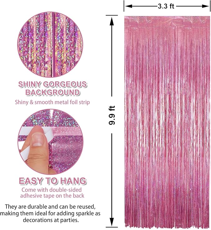 3 Pack 3.3 x 9.9 ft Holographic Bright Pink Streamers Party Decorations | Foil - Image 2