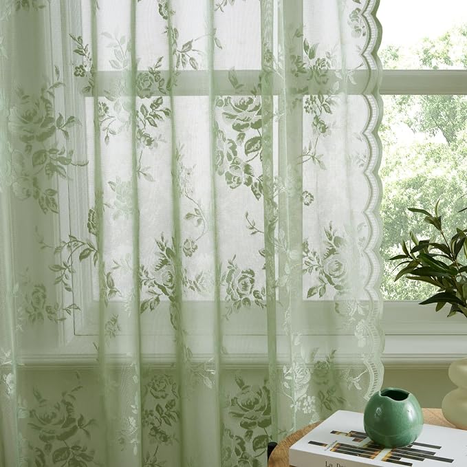SEEKRIGHT Sage Green Lace Cafe Curtains 36 Inch Length Rod Pocket Privacy Sheer - Image 4