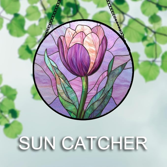 DASTOLL Stained Glass Window Hanging Purple Tulips Flower Large 15" - Image 4