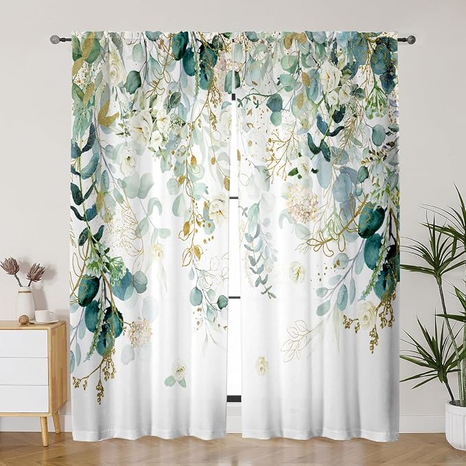 Gold Green Curtains 84 Inches Long Sage Green Leaves Light Filtering Curtain by GOLDLAWN