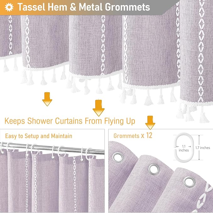 72x84 Long Boho Farmhouse Linen Heavy Duty Shower Curtain, Lavender | Tall Size - Image 5