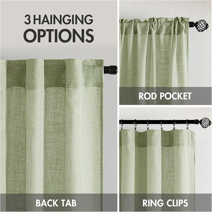 MIULEE Sage Green Linen Curtains 52x72 Inch Length - Image 3