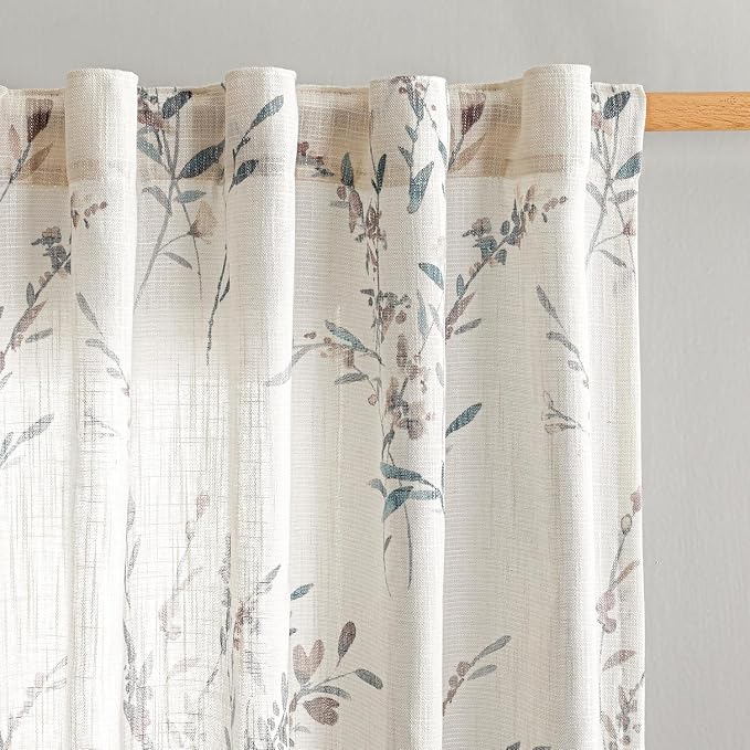 MYSKY HOME Flax Linen Sheer Curtains 45 Inch Length Floral Decorative Window - Image 8