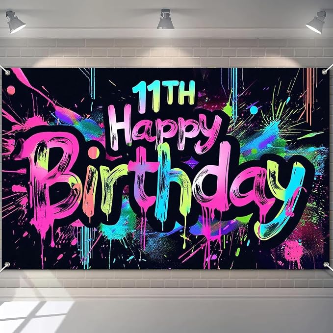 HOMETITUTE Graffiti 11th Happy Birthday Banner 71x43 Inch Neon Party | Glow in by HOMETITUTE