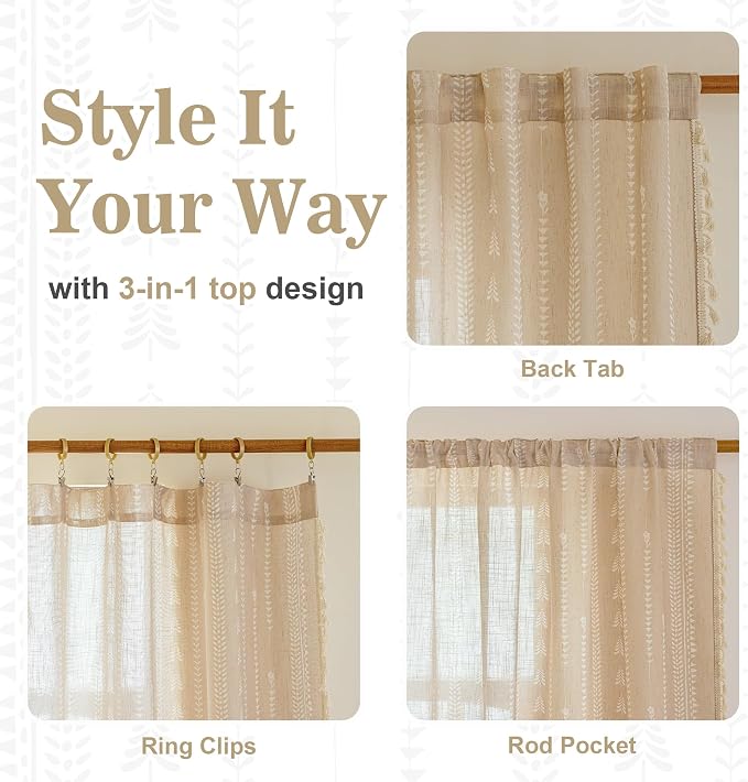 Boho Curtains - Farmhouse Sping Linen Blend Patterned Light Filtering Khaki - Image 5