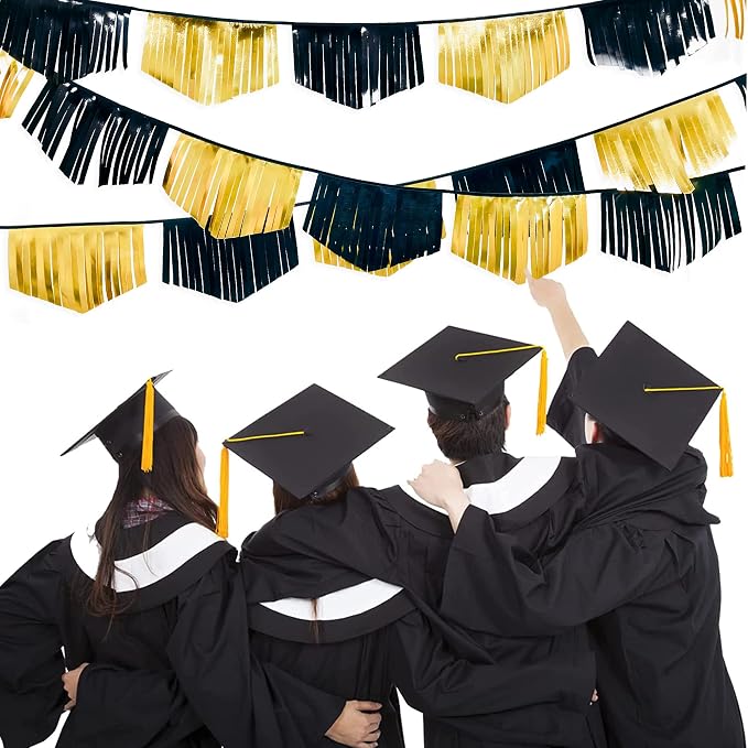 Black and Gold Tassel Banner Double Sided Metallic Fabric Pennant Bunting Flag - Image 5