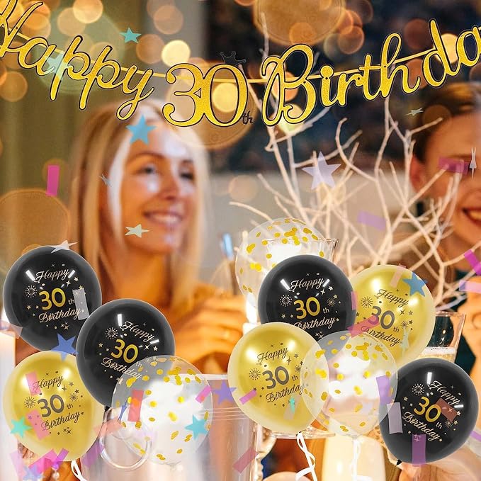 Black Gold 30th Birthday Balloons Pack of 15 Men Women Happy 30th Birthday - Image 6