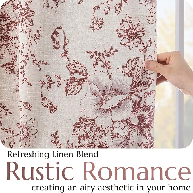 jinchan Red Floral Linen Blackout Curtains Lined 96 Inch Back Tab 2 Panels | - Image 4