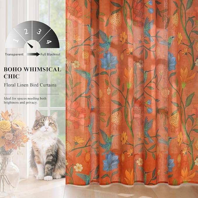 72 Inch Boho Floral Curtains Tropical Bird Print Linen Semi Sheer Window Drapes - Image 2