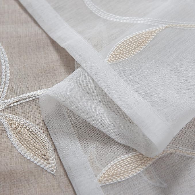 White Sheer Curtains Beige Embroidered Leaves 2 Panels 54Wx84L | Light - Image 3