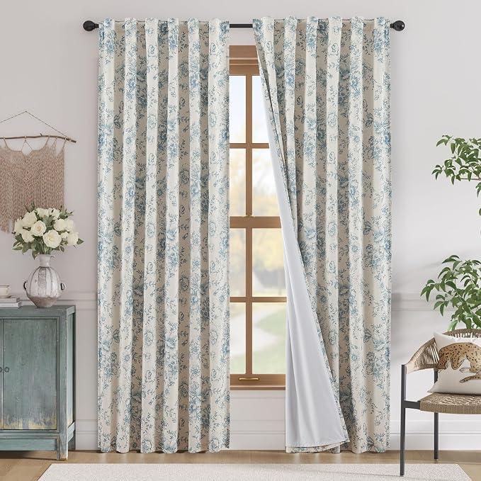 jinchan Blue Floral Linen Blackout Curtains Lined 84 Inch Back Tab 2 Panels | by JINCHAN