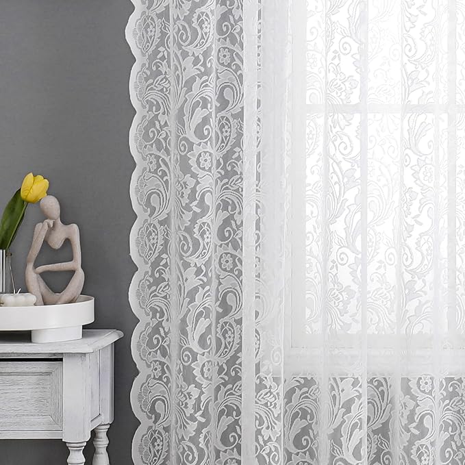 Bujasso White Sheer Lace Curtains 63 inch Vintage Floral Sheer Window Curtain - Image 2