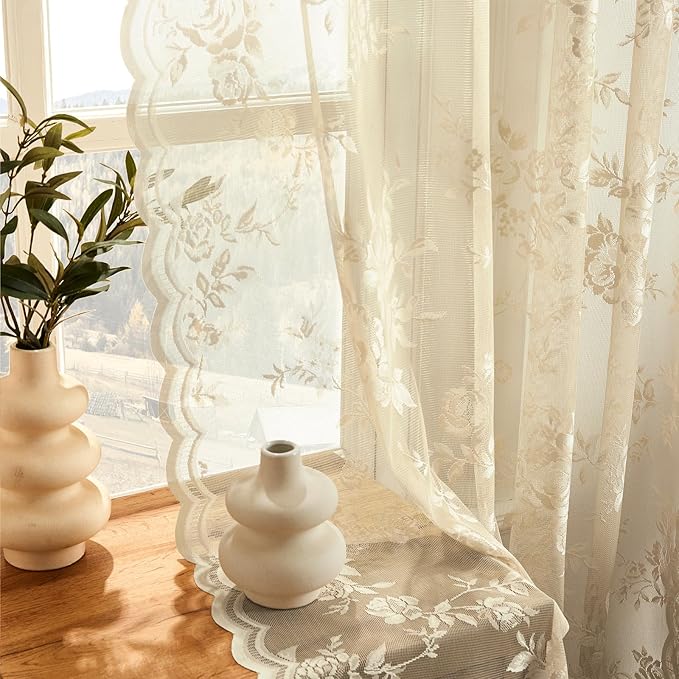Beige Lace Curtains 108 Inches Long 2 Panels Floral Curtains - Image 3