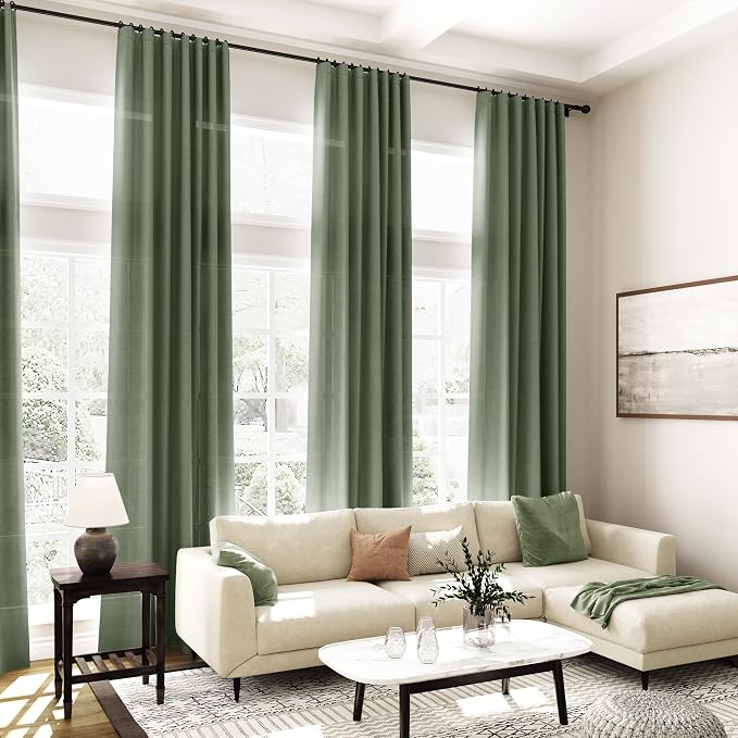 Extra Long Curtain 108 Inches Long 2 Panels Set Back Tab Olive Green Linen - Image 7