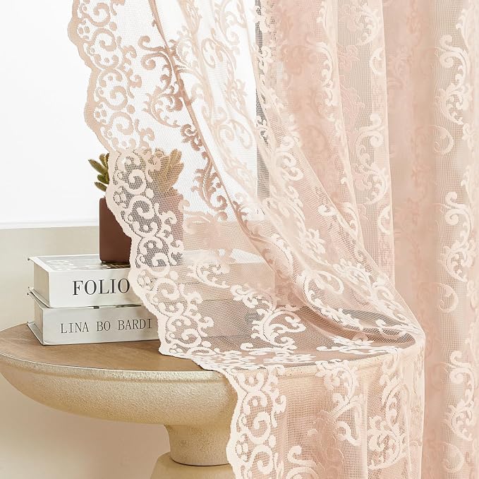 FOLKSIDE Blush Pink Lace Curtains 84 Inches Long 2 Panels Vintage French Floral by FOLKSIDEHomeDecoration