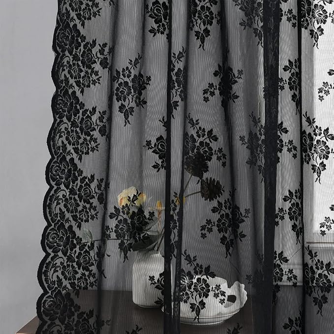 Kotile Black Lace Curtains Vintage Rustic Floral, 52 x 96 Inch, 2 Panels | Rod - Image 6