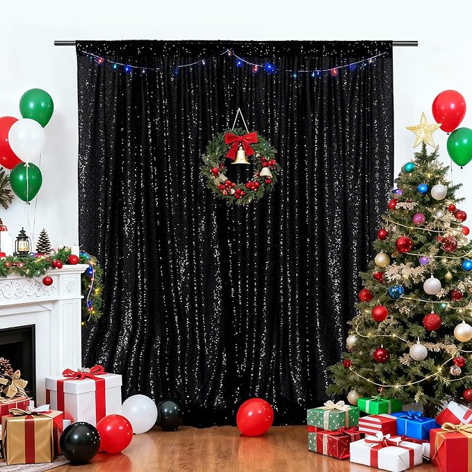 PartyDelight Black Sequin Backdrop 6x6ft Sparkly Photo Curtain | 4 Inch Rod - Image 3
