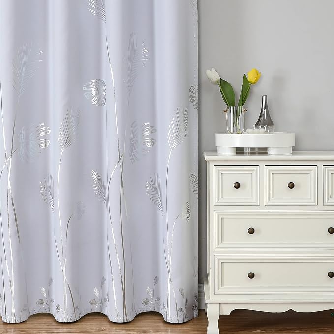 Greyish White and Silver Print Curtains 72 Inches Long Room Darkening Curtains - Image 2