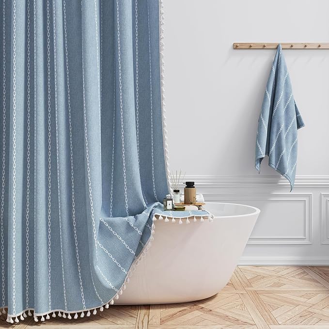 72 x 90 Boho Farmhouse Linen Heavy Duty Cloth Shower Curtain Set, 330GSM Linen by ShowerCurtain