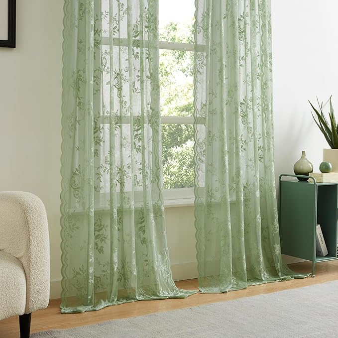 Light Green Lace Curtains 72 Inch Length Country Rustic Floral Sheer Curtains - Image 3