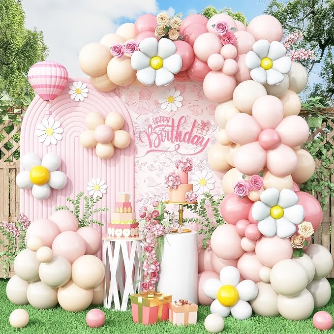 Daisy Balloon Garland Arch Kit, Retro Pink Sand White Hippie Boho Flower by BTZO
