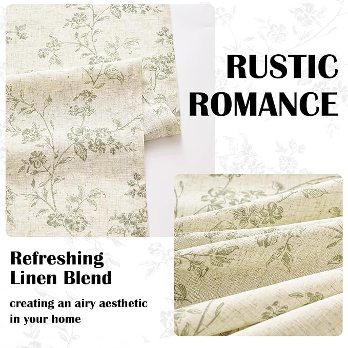 Green Vintage Floral Linen Curtains Farmhouse 38W X 84L 2 Panels | Elisa Series - Image 5