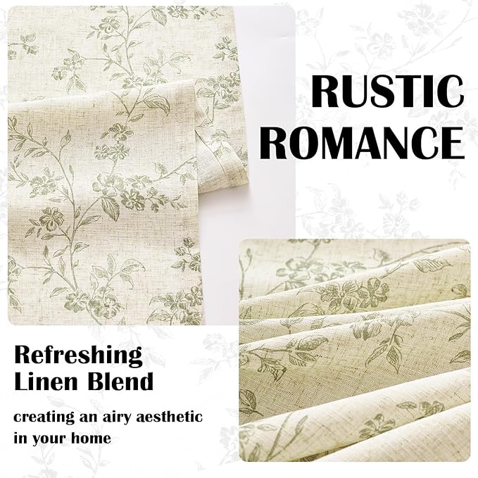 Green Vintage Floral Linen Curtains Farmhouse 38W X 63L 2 Panels | Elisa Series - Image 5
