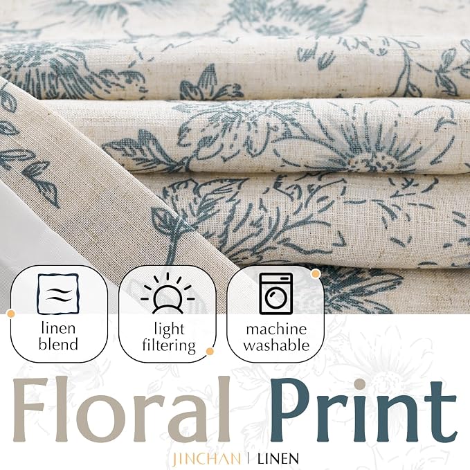 jinchan Blue Floral Linen Curtains Lined 84 Inch Vintage Back Tab 2 Panels | - Image 2