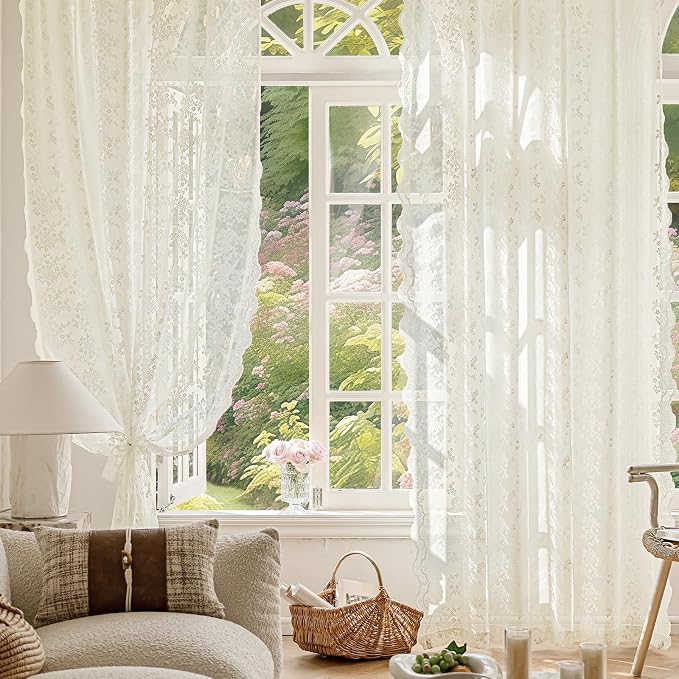 Anmao Vintage Lace Kitchen Curtains 24 Inches Long 2 Panels, Romantic Semi - Image 8